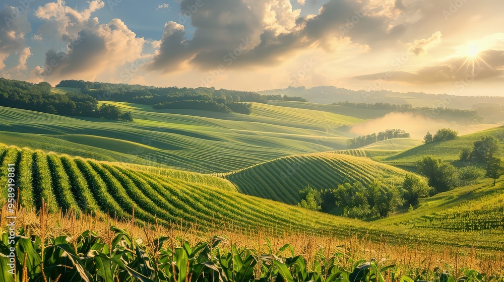 A scenic view of vibrant green cornfields stretching across the undulating terrain of rolling hills, with the golden sunlight filtering through the clouds. A scenic view of vibrant green cornfields stretching across the undulating terrain of rolling hills, with the golden sunlight filtering through the clouds.