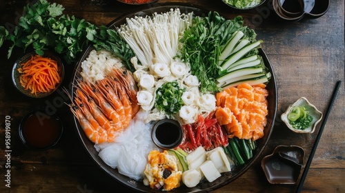 A beautifully arranged shabu-shabu hot pot meal with an assortment of fresh seafood, vegetables, and noodles, served with dipping sauces and garnishes photo