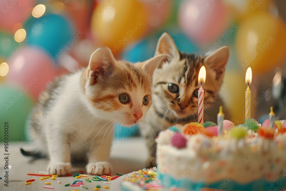 Adorable Kittens Celebrating a Joyful Birthday with Cake and Festive Adorable Kittens Celebrating a Joyful Birthday with Cake and Festive