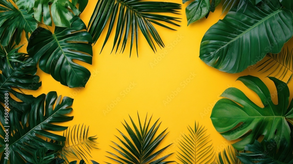 Tropical Leaf Frame on Yellow Background Tropical Leaf Frame on Yellow Background