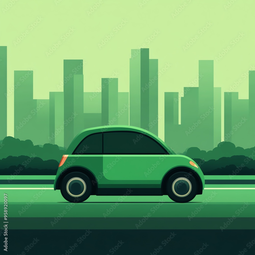 Green car driving on road with cityscape background Green car driving on road with cityscape background