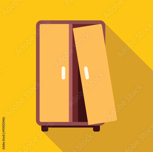 Minimalist illustration featuring a wooden wardrobe with one door open, casting a long shadow on a vibrant yellow background