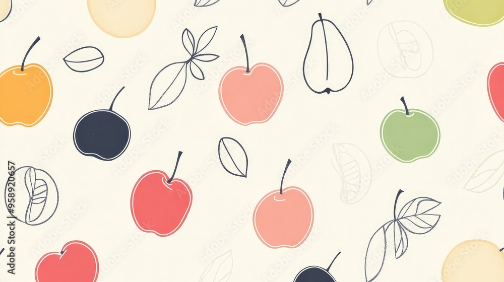 A minimalist fruit pattern with subtle line drawings of apples, pears, and plums, arranged in a grid layout for a modern and clean look. A minimalist fruit pattern with subtle line drawings of apples, pears, and plums, arranged in a grid layout for a modern and clean look.