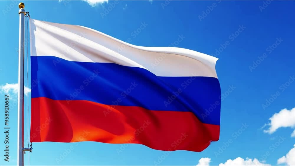 Russian flag waving in the wind against a clear sky, symbolizing patriotism, national pride, and heritage. Perfect for political, historical, or cultural projects needing a powerful Russian symbol. Russian flag waving in the wind against a clear sky, symbolizing patriotism, national pride, and heritage. Perfect for political, historical, or cultural projects needing a powerful Russian symbol.