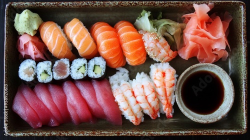 Wallpaper Mural A beautifully arranged sushi and sashimi set from above, featuring fresh salmon, tuna, and shrimp, served with pickled ginger and soy sauce. Torontodigital.ca