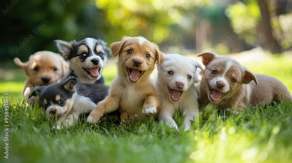 A playful group of puppies tumbling over each other in a grassy yard, capturing their energy and joy in a vibrant outdoor setting. A playful group of puppies tumbling over each other in a grassy yard, capturing their energy and joy in a vibrant outdoor setting.