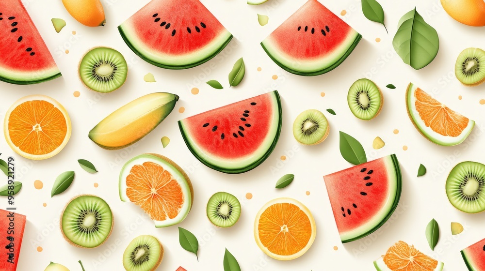 A vibrant fruit pattern featuring slices of watermelon, kiwi, and oranges scattered across a light background, ideal for summer-themed designs.