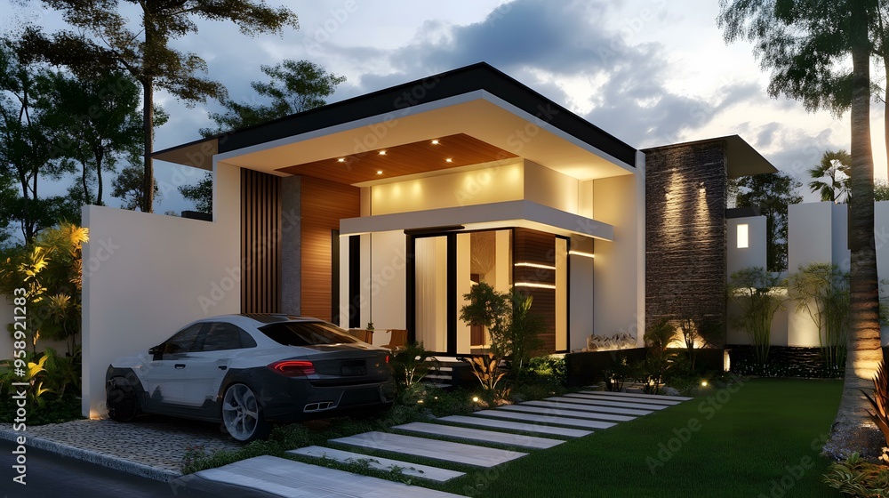 Modern Minimalist House Design with a Car in the Driveway Modern Minimalist House Design with a Car in the Driveway