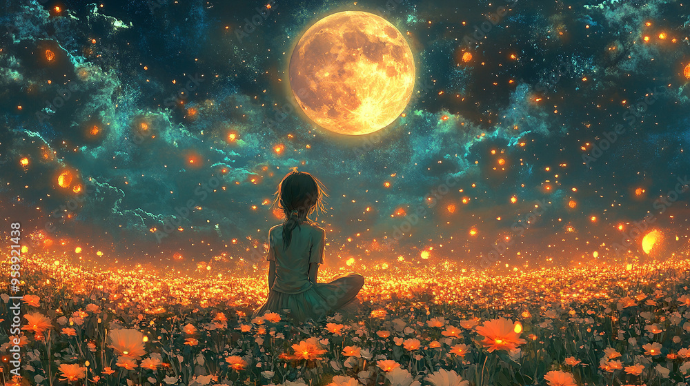 A young girl sitting in a flower field, gazing at the full moon in the sky filled with stars A young girl sitting in a flower field, gazing at the full moon in the sky filled with stars