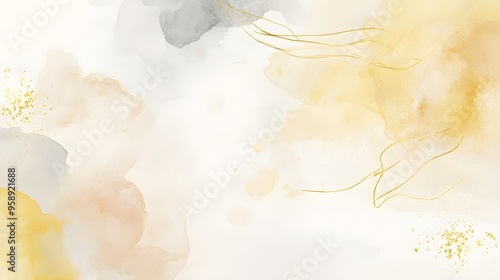 Soft watercolor background in pastel yellow and pale grey, overlaid with elegant gold line art and subtle paintbrush effects