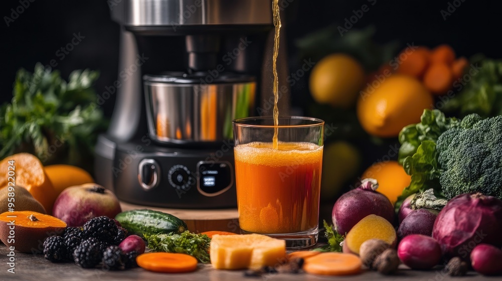 Freshly squeezed juice pouring into a glass from a juicer, with whole fruits and vegetables placed artfully around