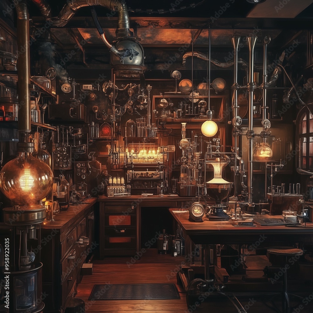 Steampunk laboratory filled with intricate machinery, glass apparatus, and vintage scientific tools Steampunk laboratory filled with intricate machinery, glass apparatus, and vintage scientific tools