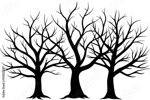 Vector illustration. Bare tree silhouette without barren leaves dead no scary black life. Hand drawn. Isolated on white background.
