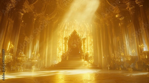 A golden throne room bathed in ethereal light, with pillars and a grand throne. photo