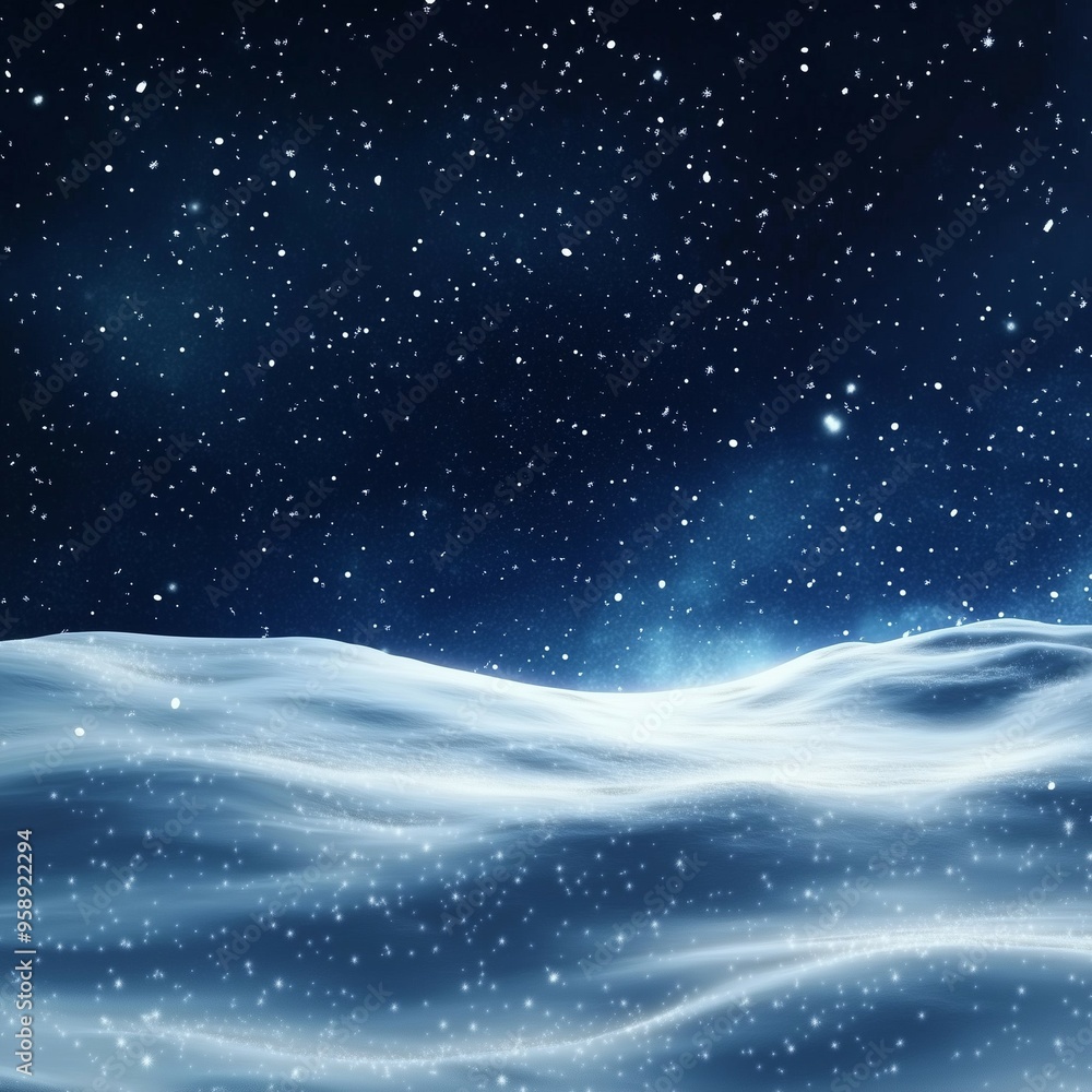 Fototapeta premium Snow covered rolling hills under a dark night sky filled with stars and snowflakes on a calm winter evening