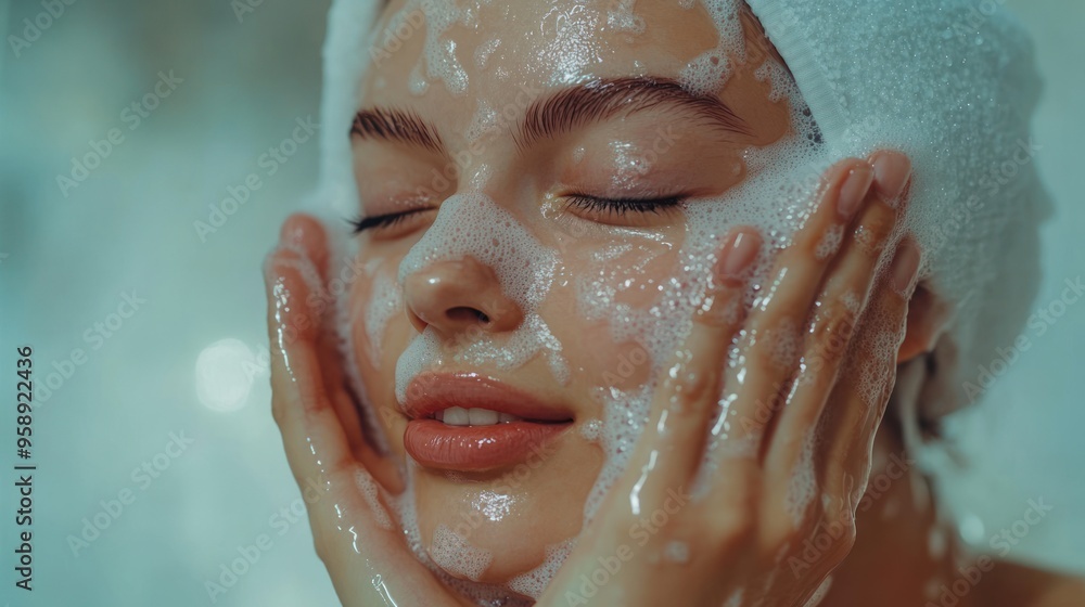 Woman washing face with foam Woman washing face with foam