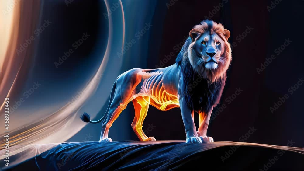 A glowing lion with x-ray-like visuals showing skeletal anatomy, merging artistic, biological, and futuristic elements A glowing lion with x-ray-like visuals showing skeletal anatomy, merging artistic, biological, and futuristic elements