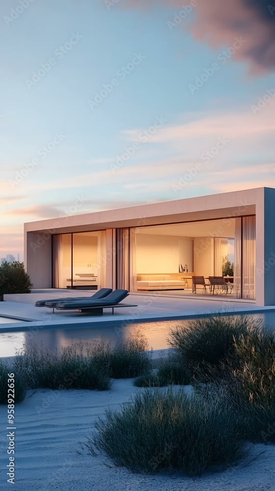 Modern Architecture House With Swimming Pool And Sunset Sky Modern Architecture House With Swimming Pool And Sunset Sky