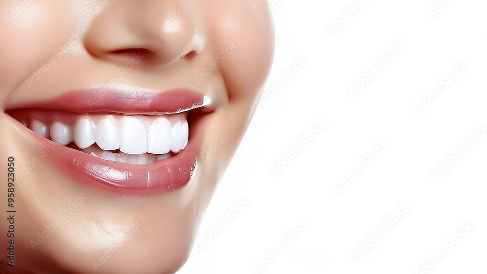Obraz premium Beautiful female smile, close-up. Perfect female white teeth. Concept: healthy teeth, oral hygiene, joy.