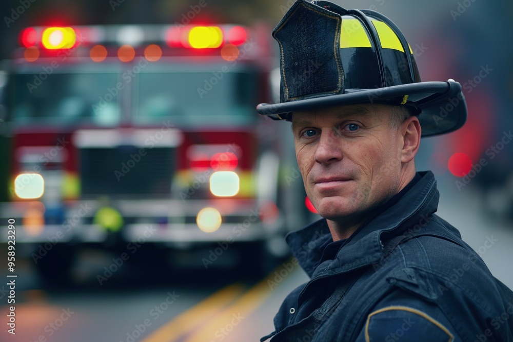 Firefighter stands confidently in city street at night, wearing black uniform and yellow helmet with red stripe. Emergency vehicle parks behind him, lights flashing against dark sky. Firefighter stands confidently in city street at night, wearing black uniform and yellow helmet with red stripe. Emergency vehicle parks behind him, lights flashing against dark sky.