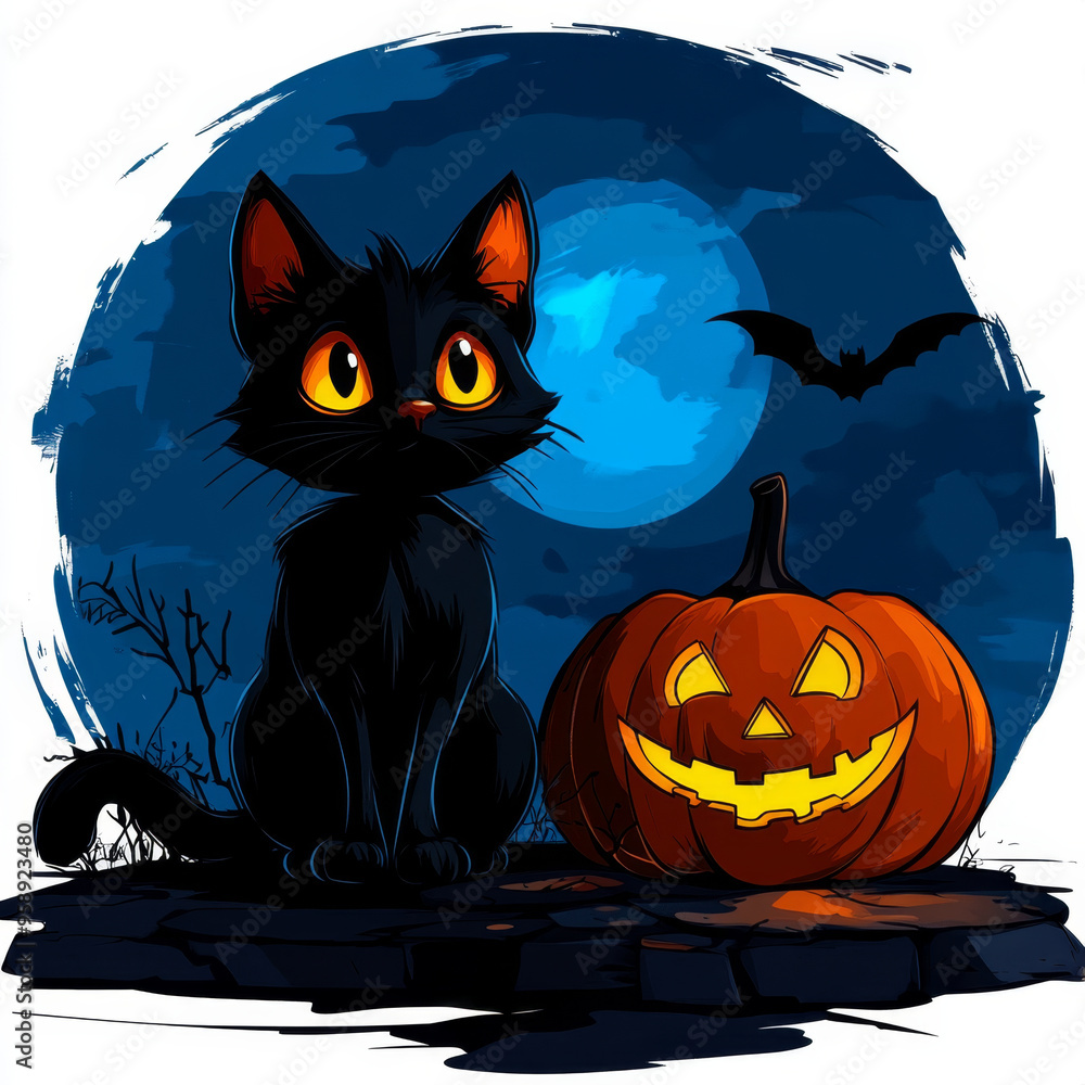 A black cat with orange eyes sits next to a jack-o'-lantern under a full blue moon with a bat flying in the night sky. A black cat with orange eyes sits next to a jack-o'-lantern under a full blue moon with a bat flying in the night sky.