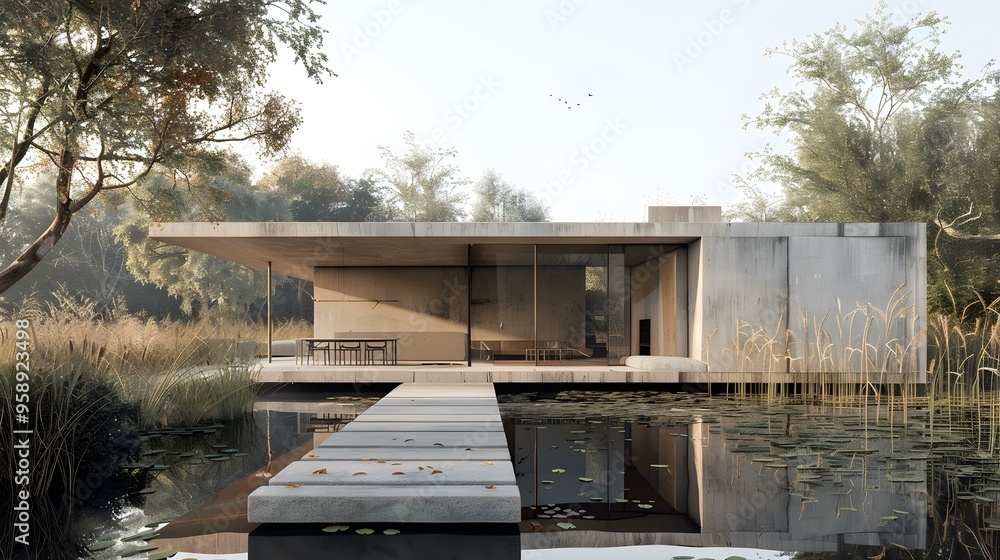 Fototapeta premium Modern Concrete House with a Bridge Over a Pond