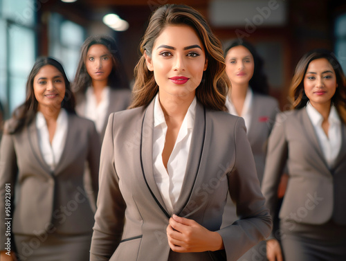 young indian businesswoman standing confidently with staff at office