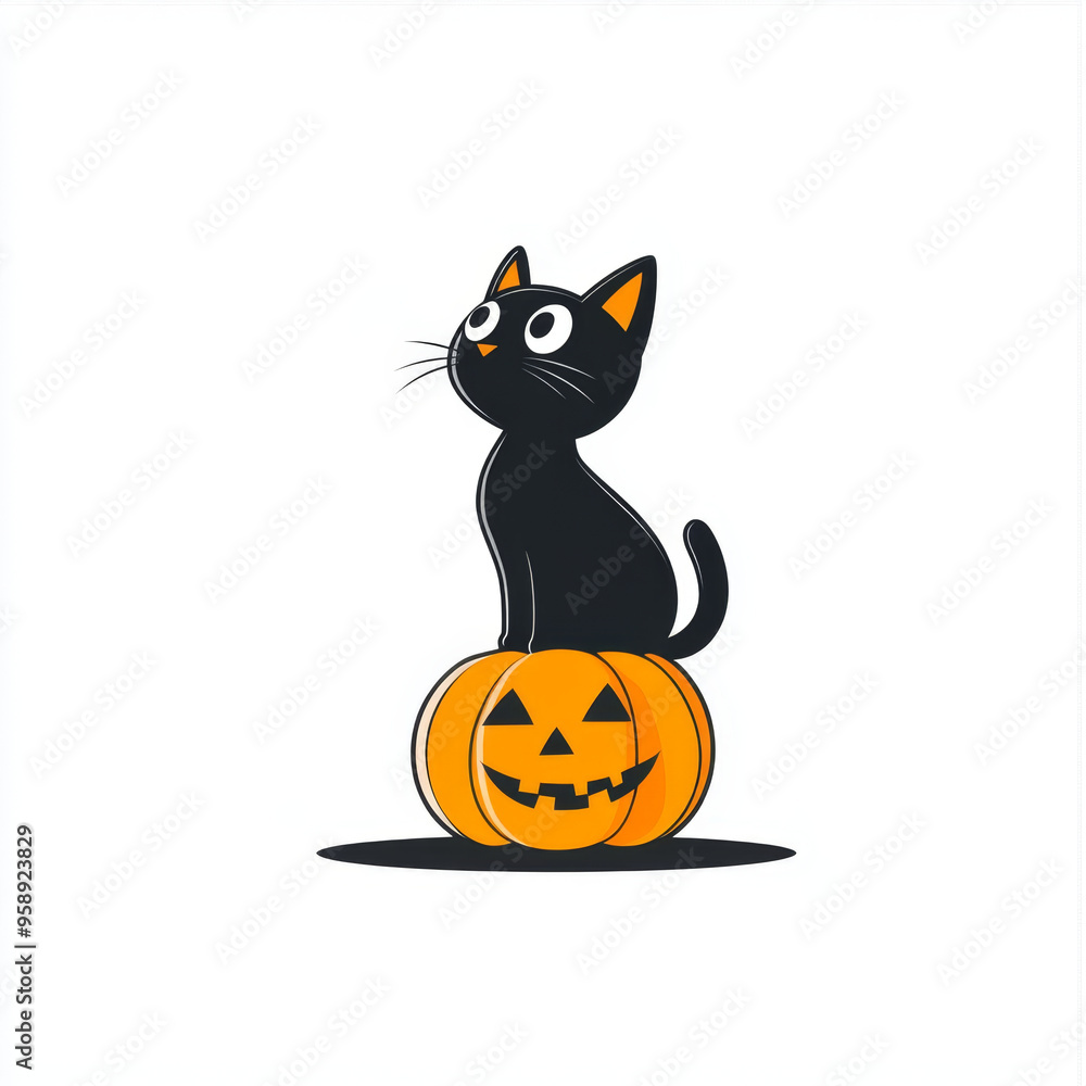 A cute black cat sits atop a jack-o-lantern in this playful, minimalist Halloween illustration, perfect for festive decor. A cute black cat sits atop a jack-o-lantern in this playful, minimalist Halloween illustration, perfect for festive decor.