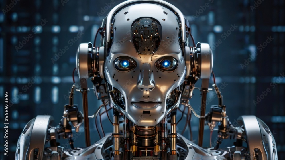 close up portrait of female cyborg with artificial intelligence on gray background Artificial intelligence project. close up portrait of female cyborg with artificial intelligence on gray background Artificial intelligence project.