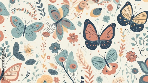 Seamless pattern with abstract butterflies and flowers, illustration of delicate design elements on white background, garden