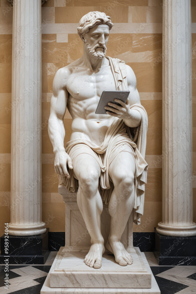 Obraz premium An ancient Greek statue holding a tablet on a museum background, Generative AI
