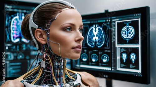 close up portrait of female cyborg with artificial intelligence on gray background Artificial intelligence project.