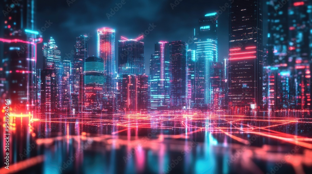 City skyline with futuristic architecture illuminated by neon lights and digital effects. Panoramic view capturing the essence of modern technology. City skyline with futuristic architecture illuminated by neon lights and digital effects. Panoramic view capturing the essence of modern technology.