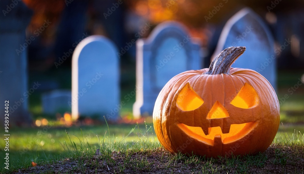 jack o lantern with tombstones in the back jack o lantern with tombstones in the back
