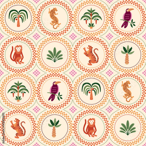 Summer checkered geometric tropical pattern. Cute vector palm trees, jungle animal, round elements, tropical leaves, jaguar, tiger, toucan, monkey. Repeat design, fabric textile, wallpaper, background