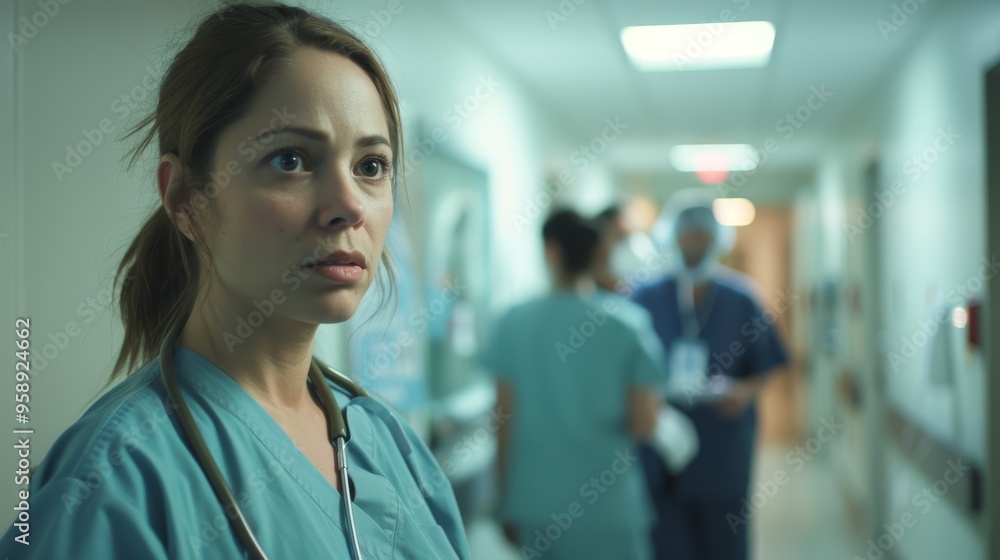 Nurse Overlooked in Hospital Corridor Reflecting Hierarchical Tensions in Healthcare Team Dynamics Nurse Overlooked in Hospital Corridor Reflecting Hierarchical Tensions in Healthcare Team Dynamics