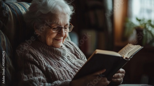 A candid photo of an elderly woman reading a book with a gentle smile, reflecting a moment of relaxation and intellectual engagement