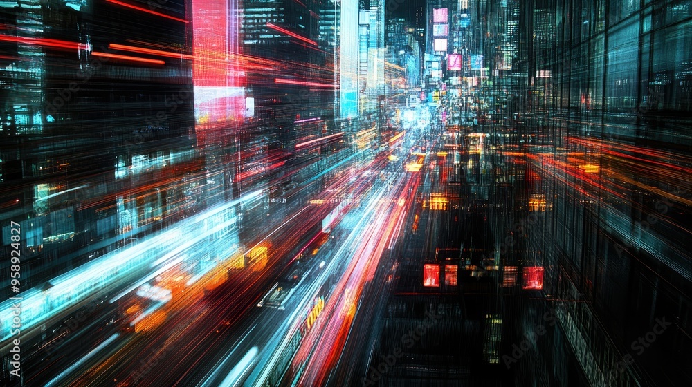 Cityscape illuminated by abstract light trails in motion, showcasing a blend of neon colors and dynamic urban energy. Cityscape illuminated by abstract light trails in motion, showcasing a blend of neon colors and dynamic urban energy.