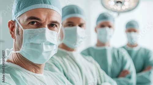 Surgeons standing together in an operating room, with the lead surgeon in sharp focus, exuding confidence and expertise