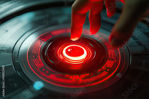 The Moment Before: A finger poised over a glowing red button, anticipation hangs in the air. A futuristic interface awaits the fateful click.
