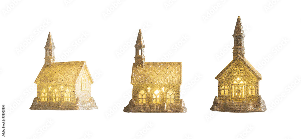 sparkling church with lights inside. Christmas toy. Three options. Isolated on a transparent background. PNG format is available sparkling church with lights inside. Christmas toy. Three options. Isolated on a transparent background. PNG format is available