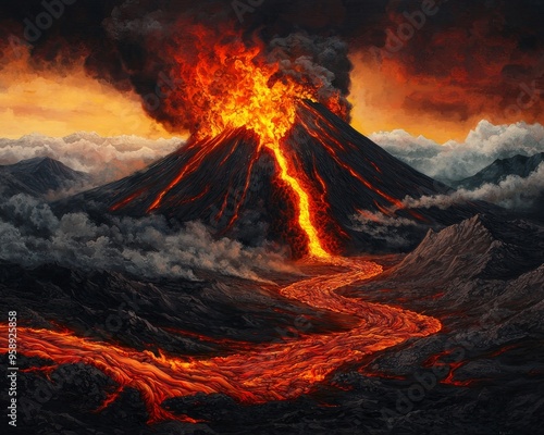 Volcano erupting with a river of lava, the contrast between the fiery molten rock and the darkened earth capturing the power and drama of the landscape