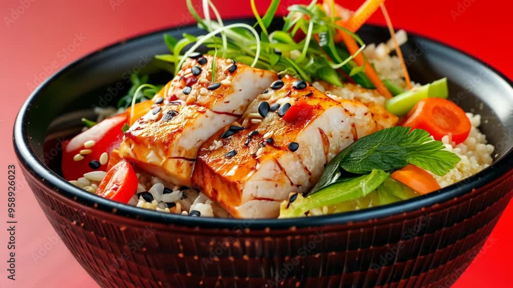 Explore the vibrant flavors of grilled salmon salad with fresh vegetables and herbs in a beautiful bowl setting Explore the vibrant flavors of grilled salmon salad with fresh vegetables and herbs in a beautiful bowl setting