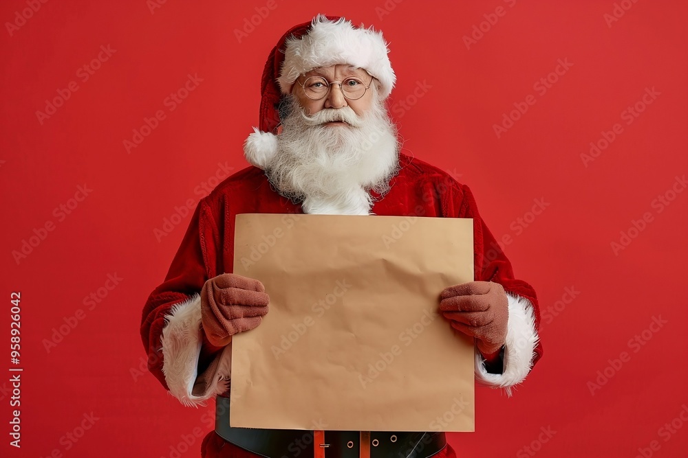 An elderly man Santa Claus holding a blank piece of paper, on a solid red background. Christmas Events Advertisement. AI generated An elderly man Santa Claus holding a blank piece of paper, on a solid red background. Christmas Events Advertisement. AI generated