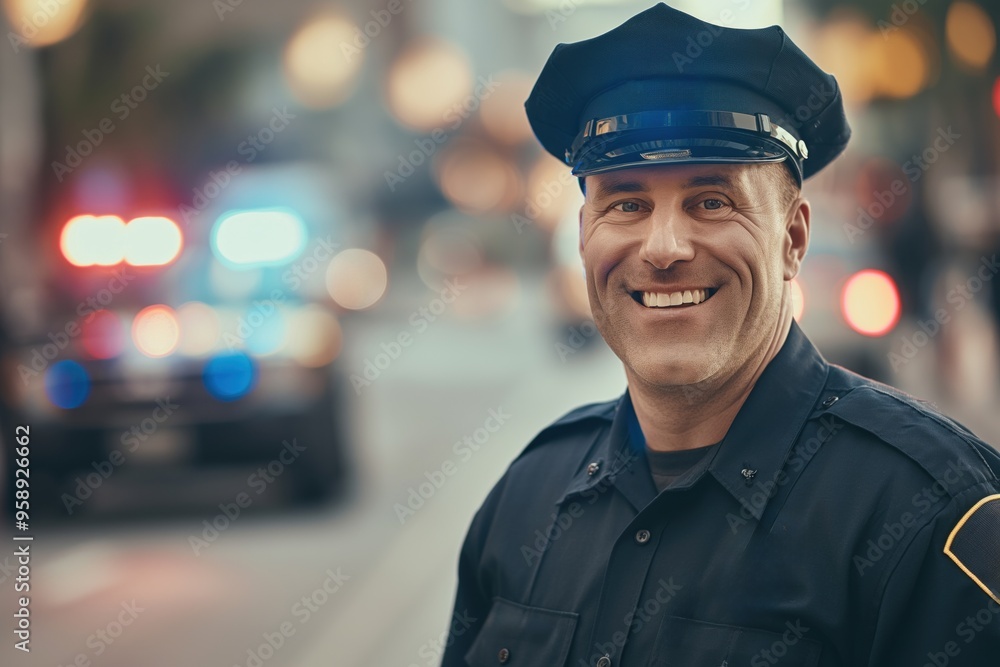 Police officer stands in front of blurred city street scene with cars and buildings. Caucasian man wears black uniform with badge on shoulder. Authentic high-end occupational photo. Police officer stands in front of blurred city street scene with cars and buildings. Caucasian man wears black uniform with badge on shoulder. Authentic high-end occupational photo.