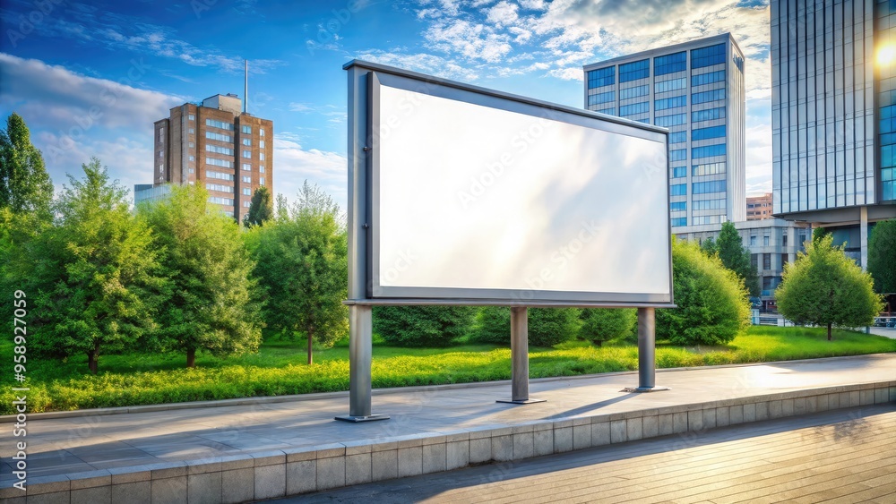 High-resolution stock photo of a large blank billboard in an urban setting, with a clear sky as the backdrop