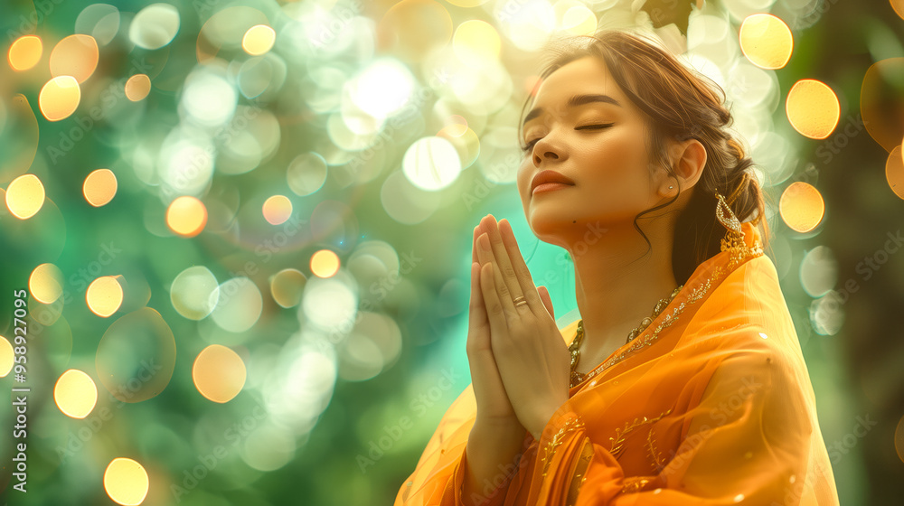 Fototapeta premium Elegantly dressed woman expresses gratitude to God with a thankful gesture