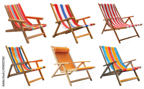 Colorful deck chairs set isolated on transparent background