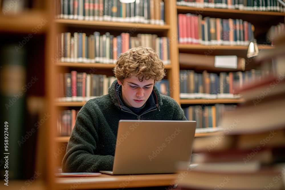 A student studying with books and a laptop in a library, representing education and learning. Ideal for educational and academic-related advertisements. A student studying with books and a laptop in a library, representing education and learning. Ideal for educational and academic-related advertisements.
