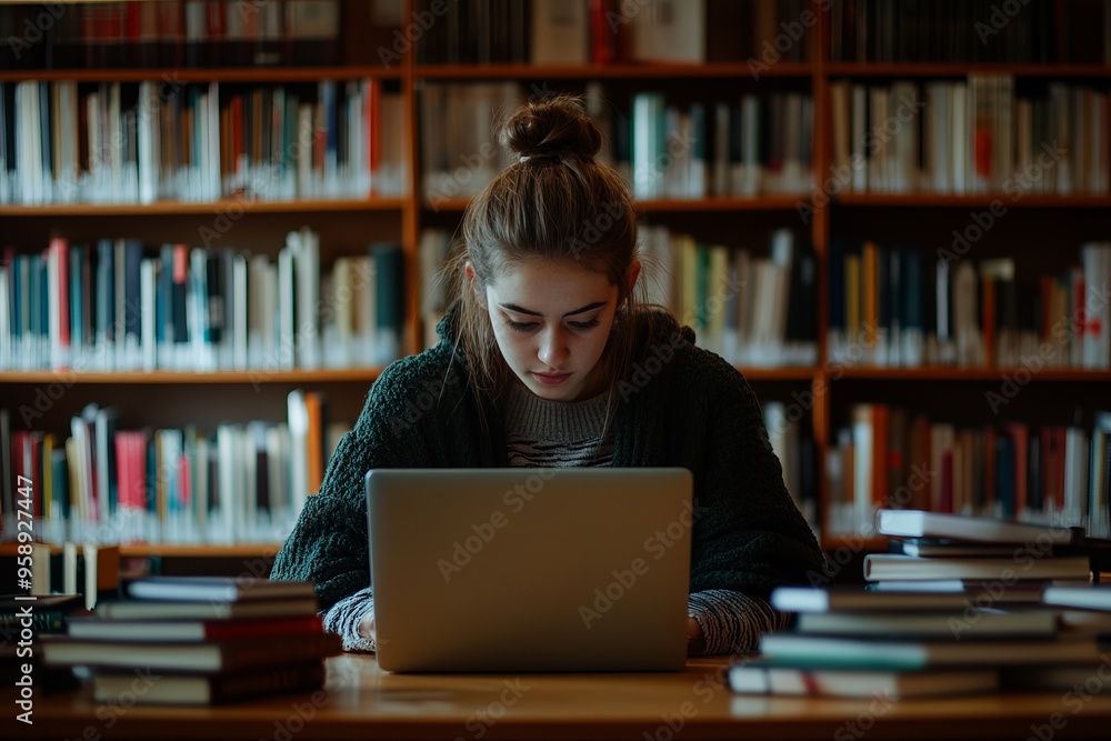 A student studying with books and a laptop in a library, representing education and learning. Ideal for educational and academic-related advertisements. A student studying with books and a laptop in a library, representing education and learning. Ideal for educational and academic-related advertisements.